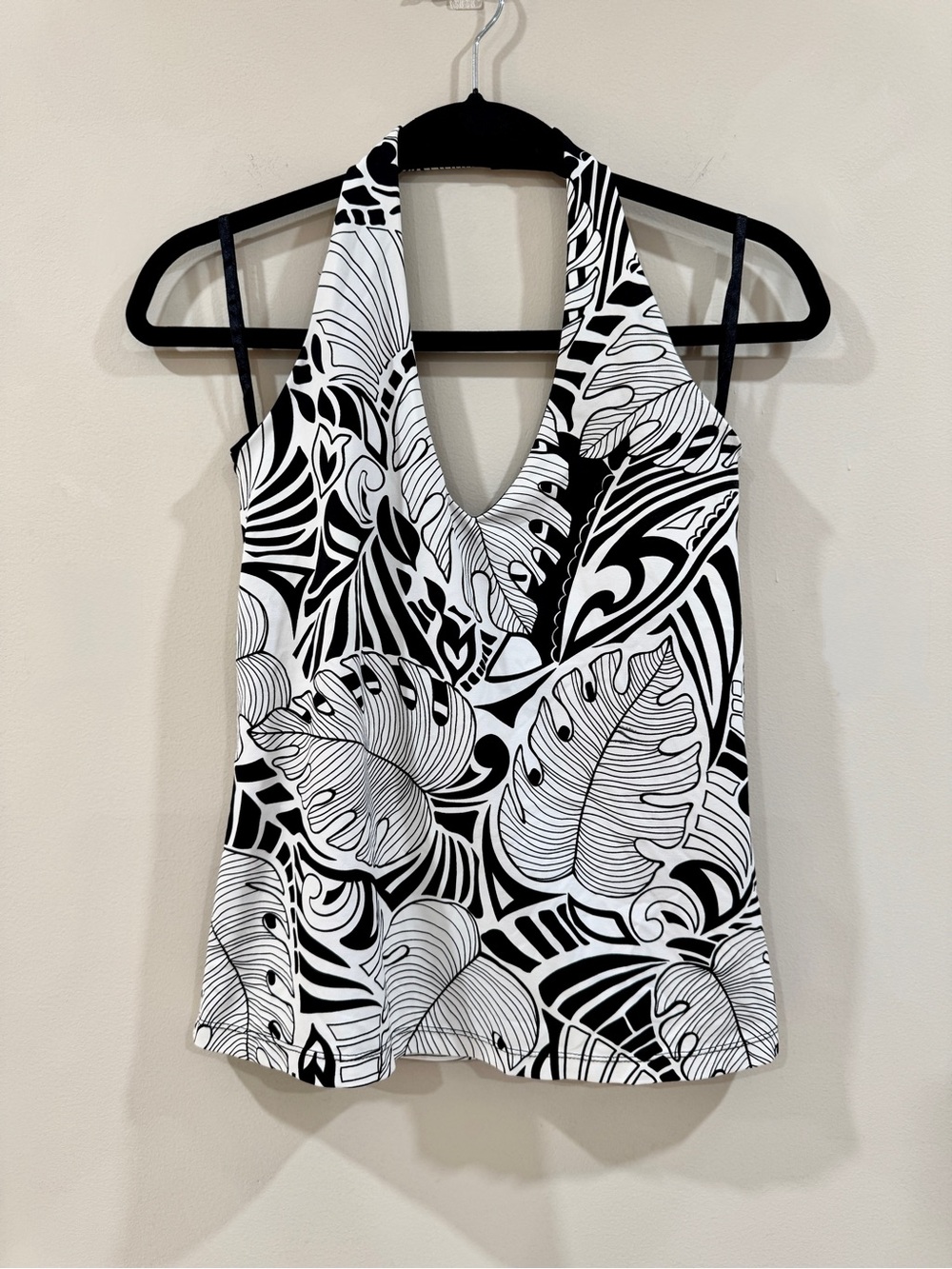 The Limited Palm Print Halter Tankini Top Black White Built-In Bra Size M
